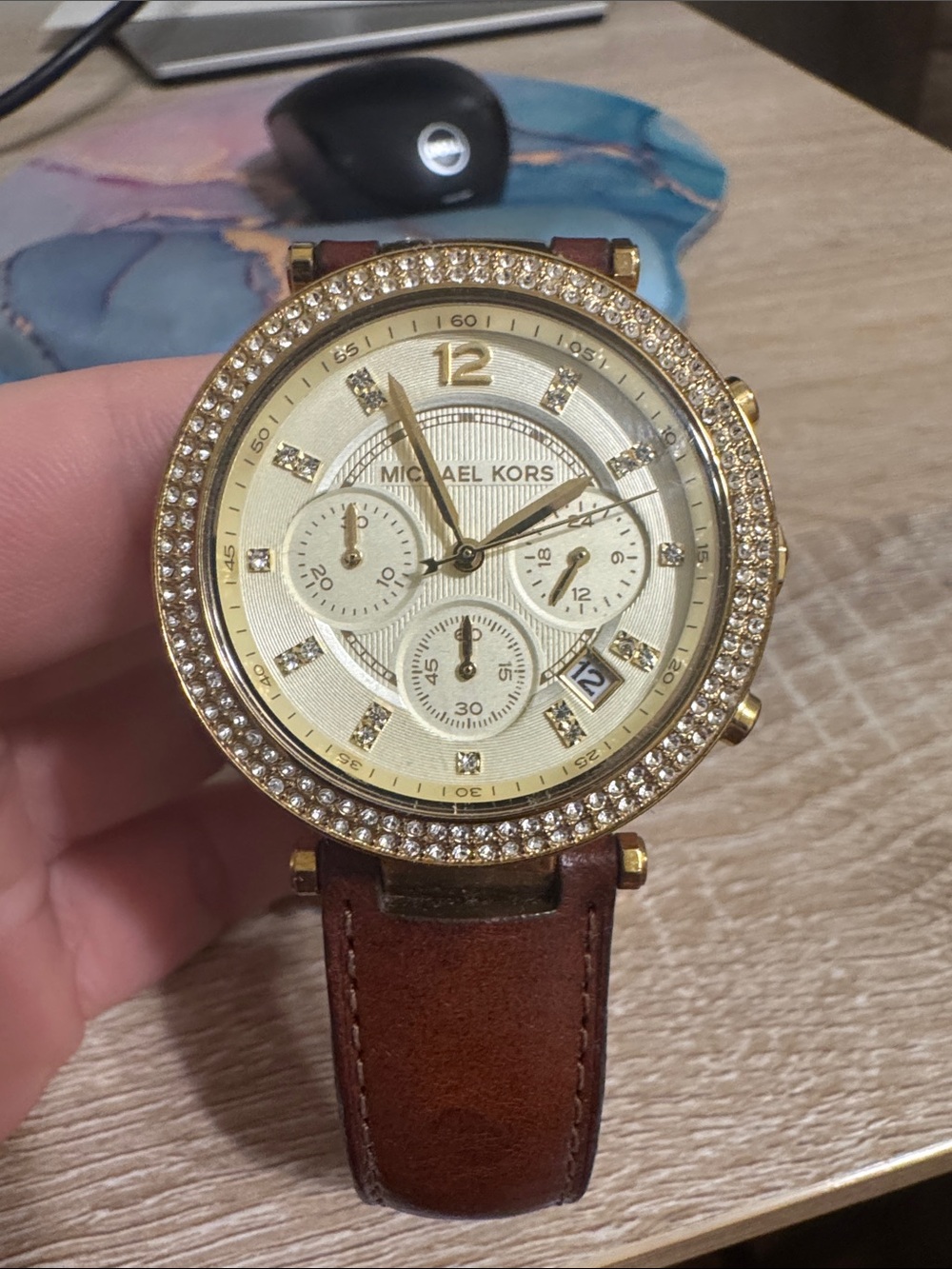 Michael Kors Gold Crystal Bezel Watch with Brown Leather Strap
